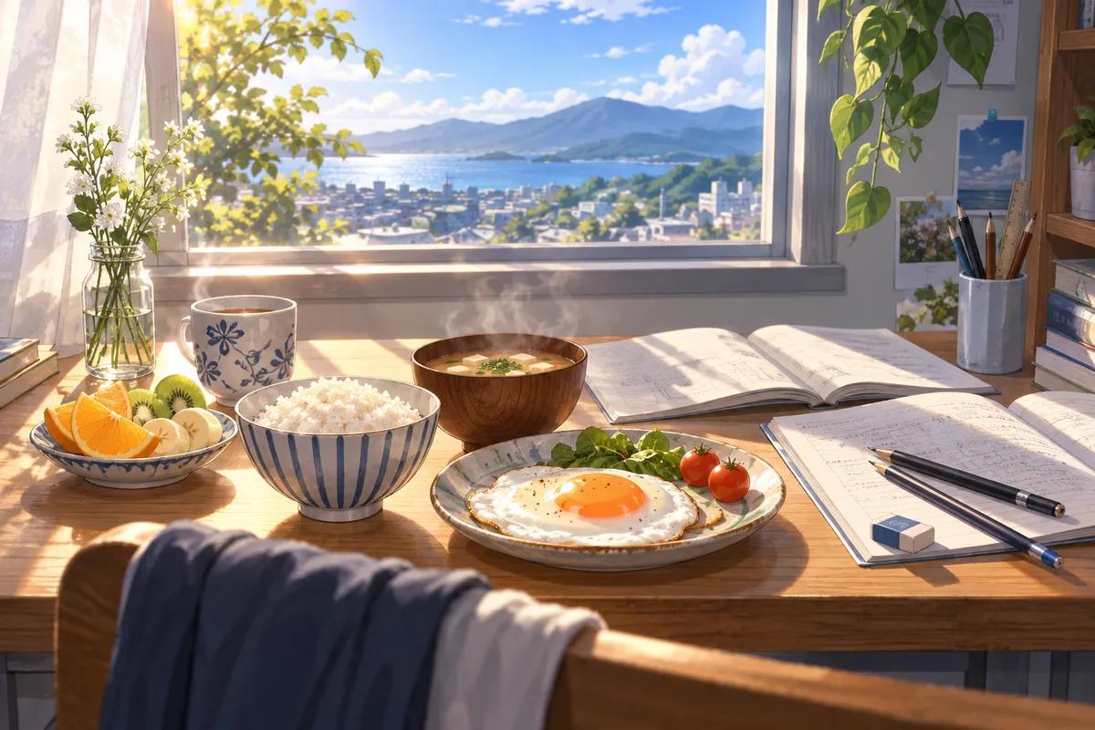 朝の光が入る勉強机の上に、ごはん・みそ汁・目玉焼き・果物の朝ごはんと、開いたノートやえんぴつが並んでいる