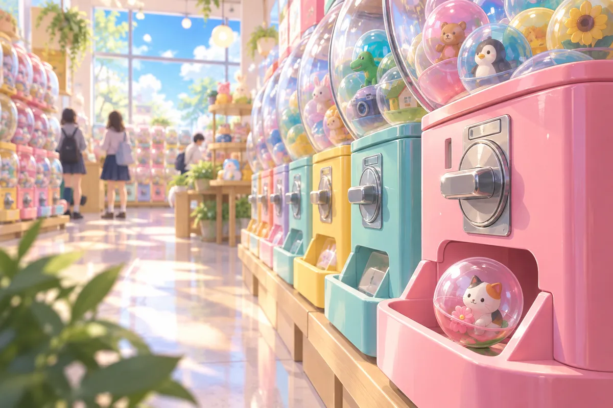 明るい店に並ぶカラフルなカプセルトイの機械。取り出し口に、小さなおもちゃが入った透明なカプセルがある
