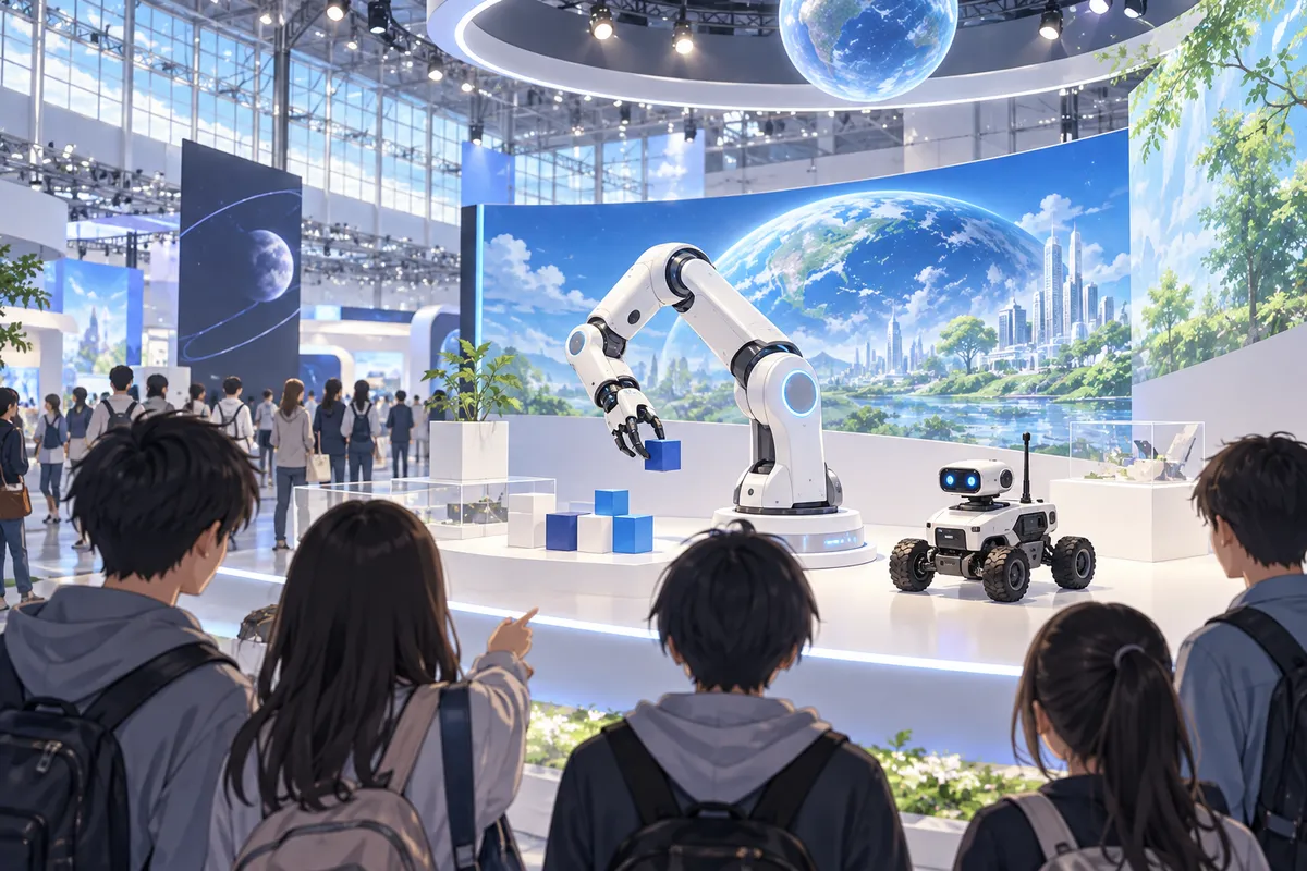 大きな展示会場のブースで、白いロボットアームと車輪のついた小さなロボットが動いている様子