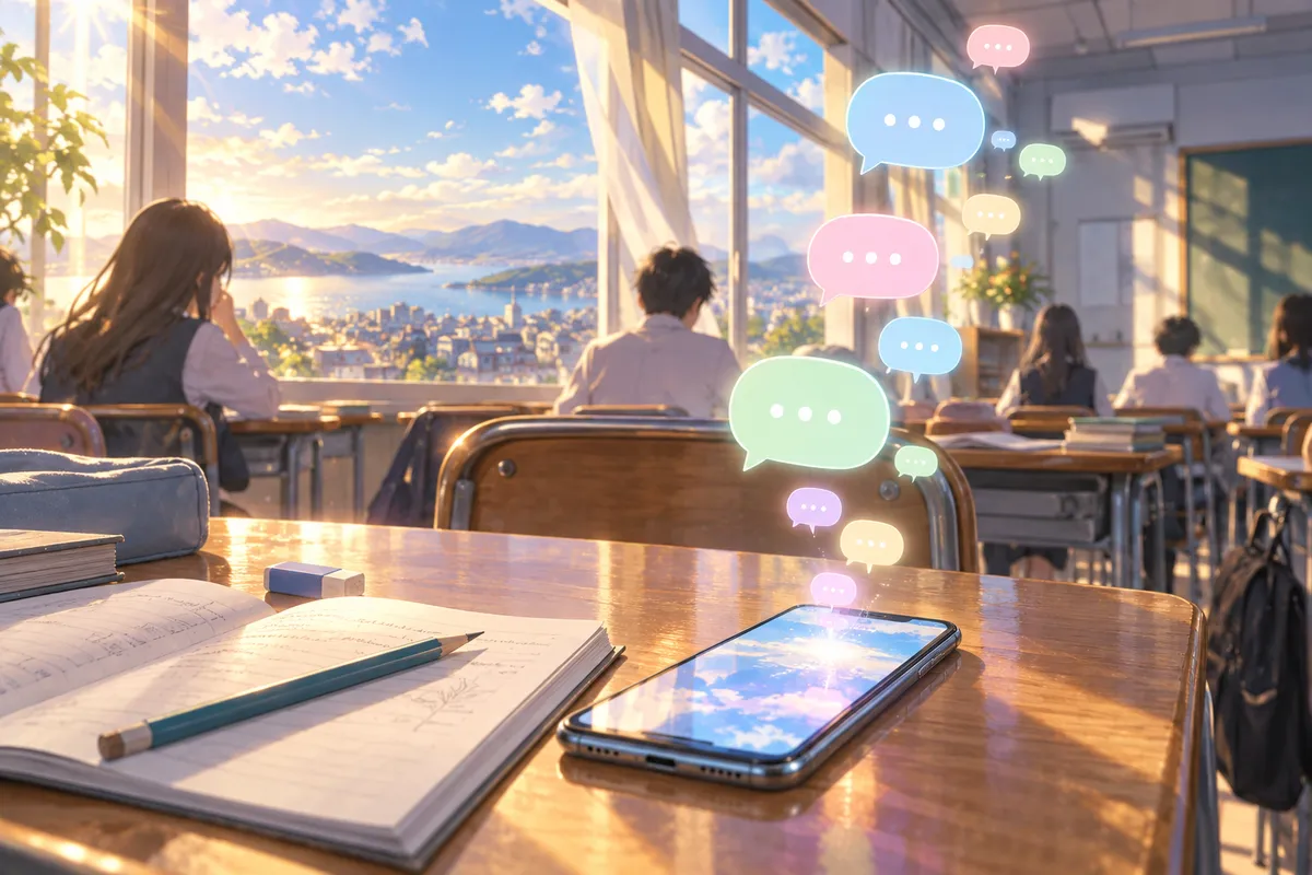 教室の机の上のスマートフォン。画面からパステルカラーの会話の吹き出しが風船のように浮かび上がっている