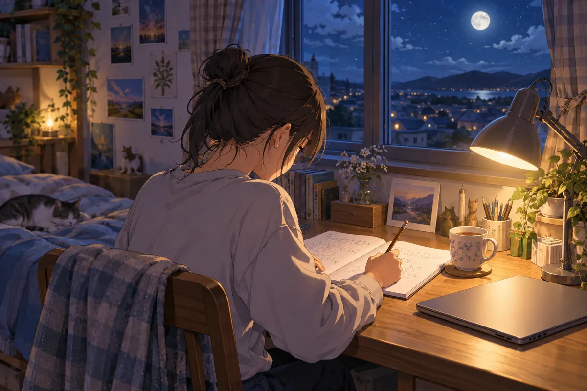 夜、机のライトの下で、ノートに数学の解き方を書いている高校生
