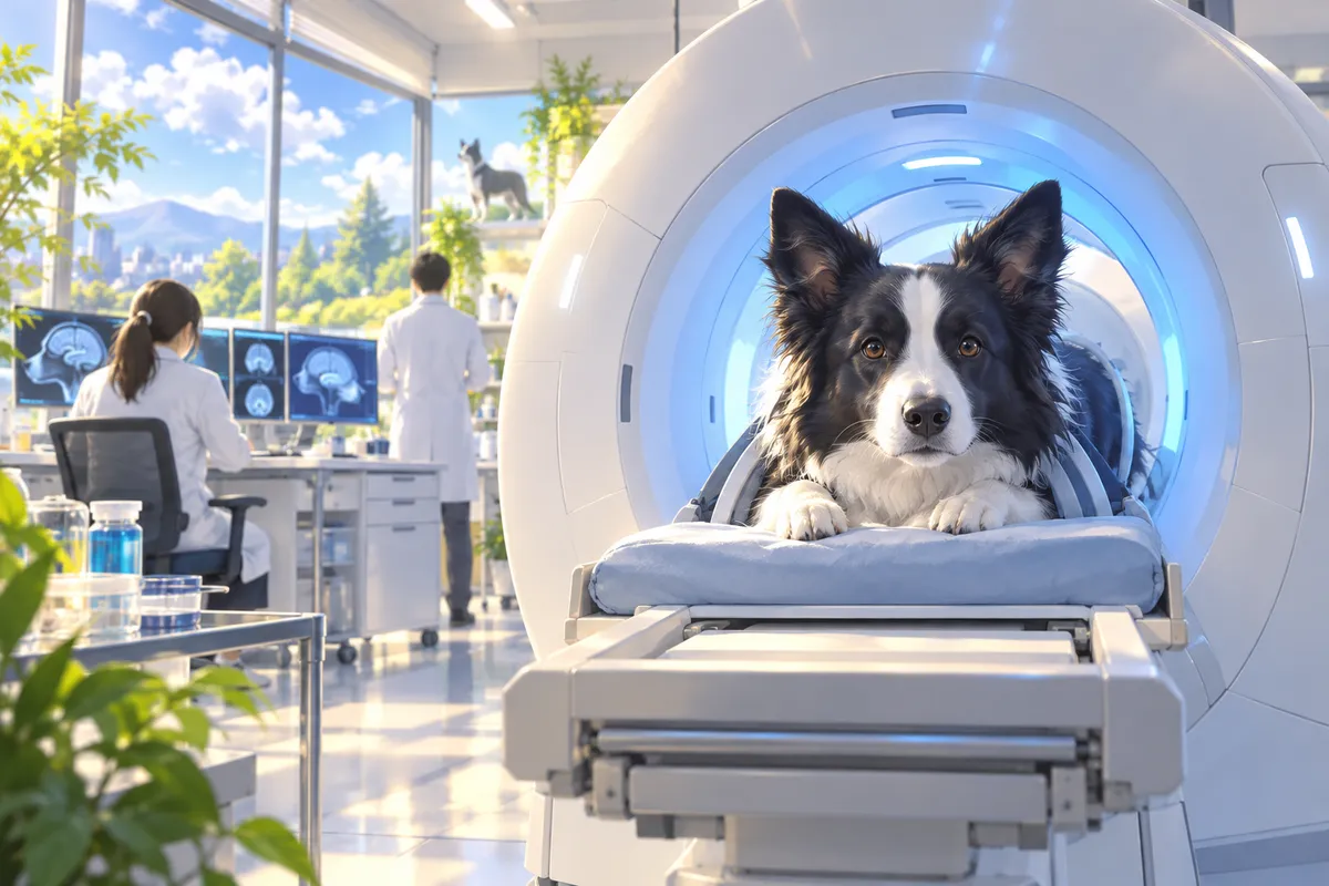 明るい研究室で、丸くて大きな白い機械の中にじっと寝そべり、前を見つめる犬