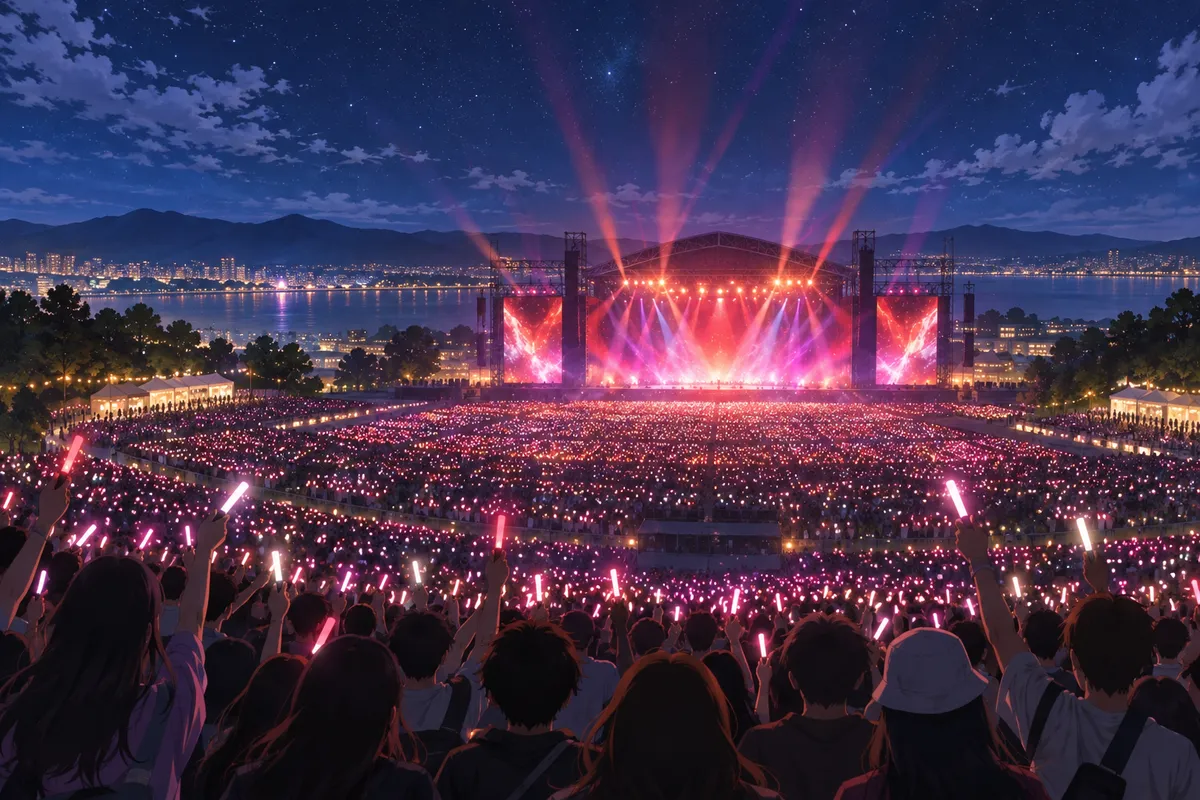夜の野外ライブを客席のずっと後ろから見た景色。ピンクと白の小さな光がたくさんゆれている