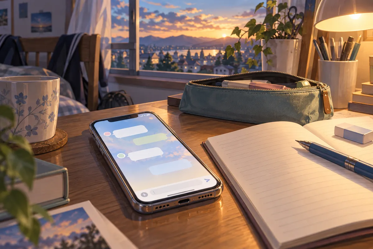 夕方の勉強机に置かれたスマホ。画面には何も書かれていないパステル色のふきだしが並んでいる