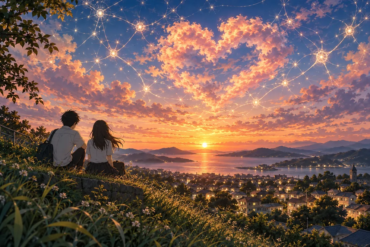夕焼けの空に、ピンクとオレンジの雲がハートの形にうかび、小さな光の点が脳の神経のような線でつながっている