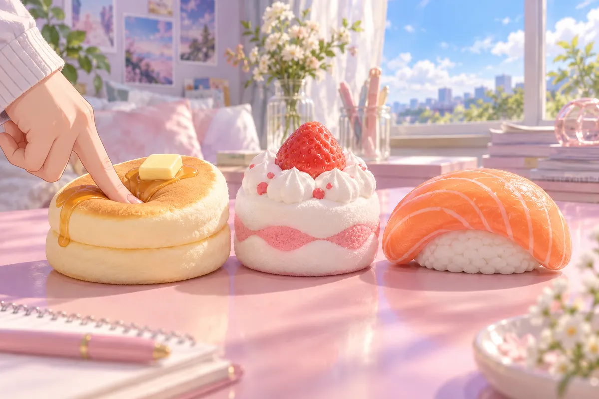 ピンクの机の上に並んだ、スフレやいちごのデザート、サーモンのおすしの形のやわらかいスクイーズ。1つが指でおされてへこんでいる