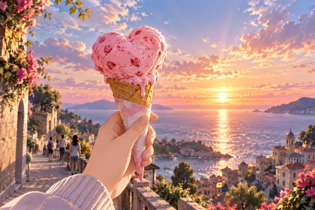 夕焼け空を背に、ゆっくりとけていくハートの形のいちごアイスクリーム