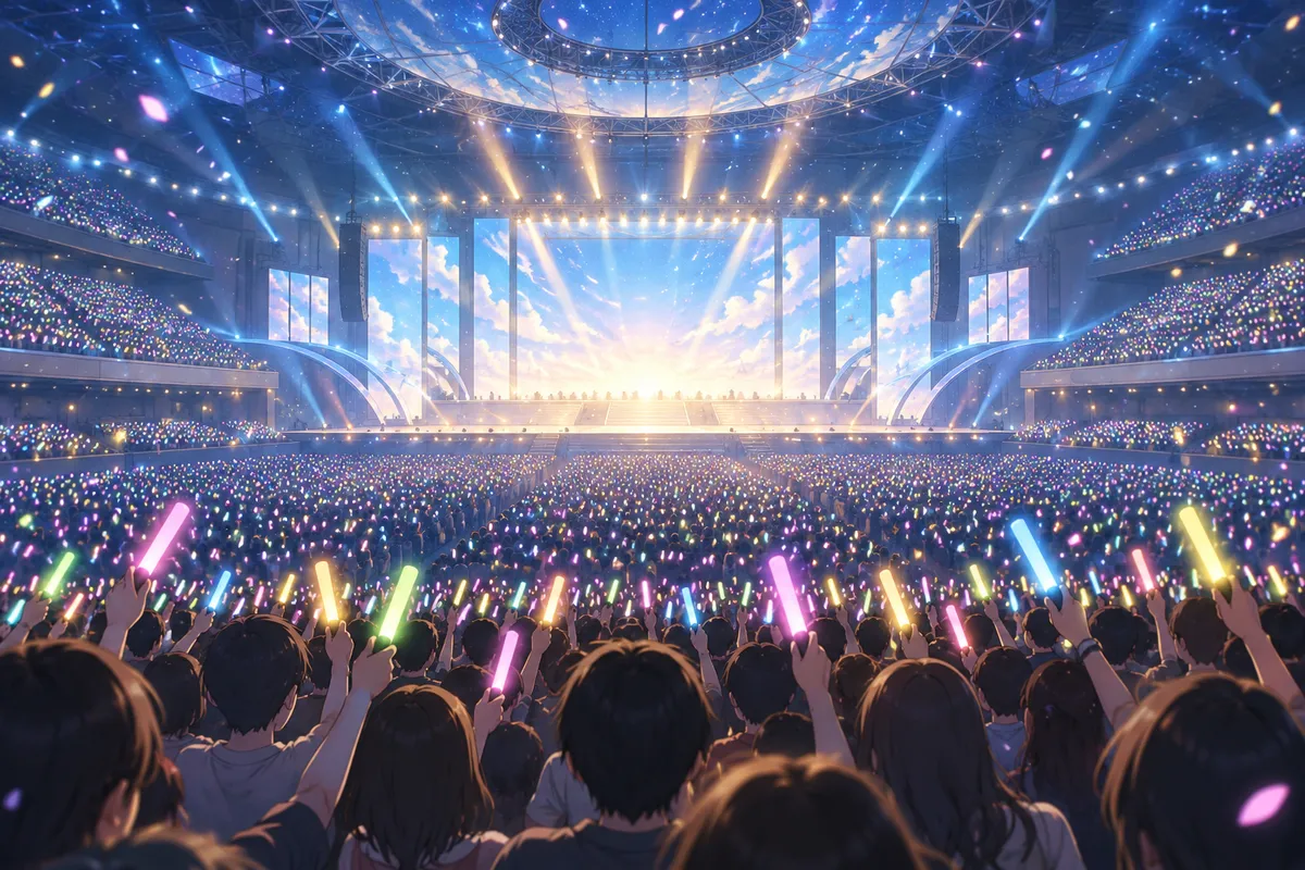 客席の後ろから見たライブ会場。たくさんのカラフルなペンライトが光っている