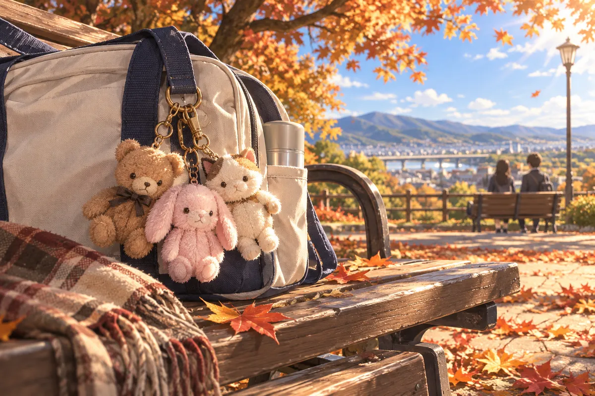 公園のベンチに置かれた布のバッグ。持ち手に茶色やピンクのふわふわしたぬいぐるみのキーホルダーがいくつもついている