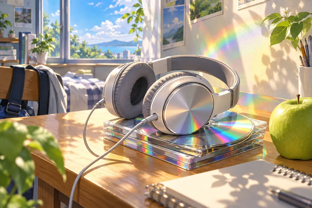 日の当たる机の上に、ヘッドホンとCDが重ねて置かれている。CDに光が反射して虹色に光っている