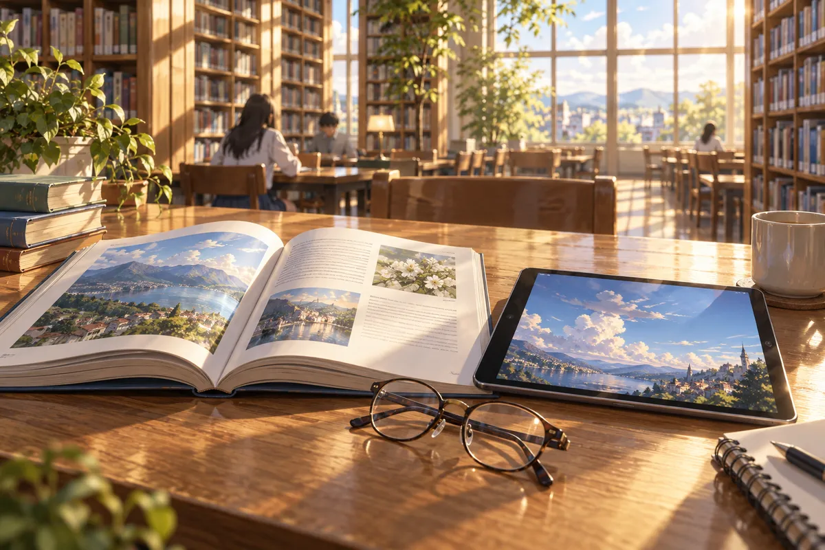 図書館の木の机に、開いた紙の本とタブレットが並んで置かれ、そのあいだにめがね。後ろに本棚がぼんやり見える