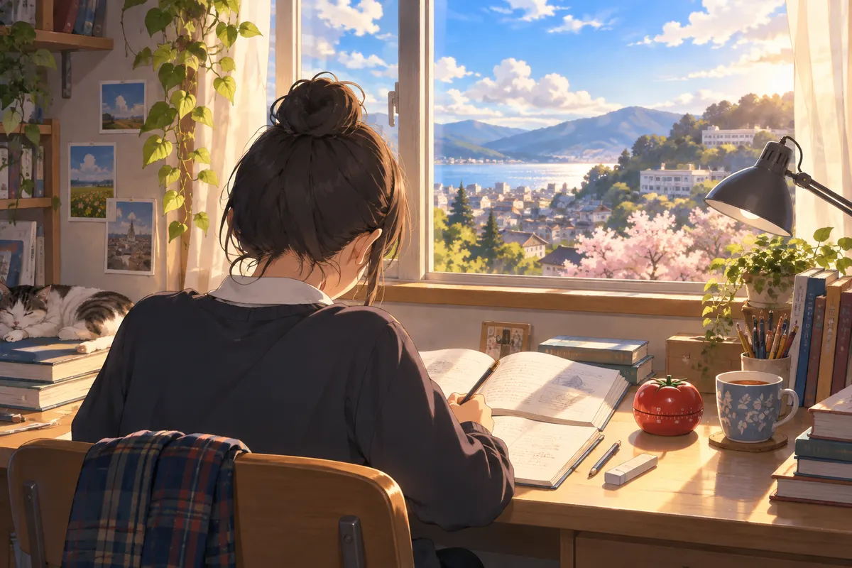 窓から午後の光が差す部屋で、木の机に向かって勉強する生徒の後ろ姿。ノートのそばに赤いトマトの形のキッチンタイマーとお茶