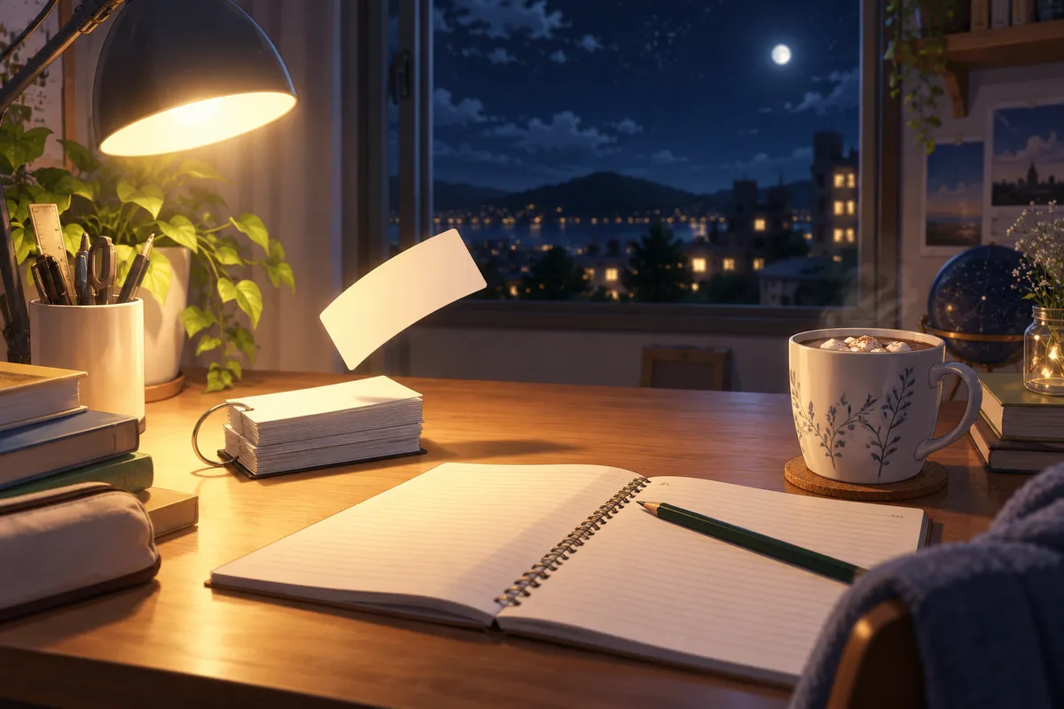 夜の勉強机。白い単語カードの束から1枚が裏返って宙に浮いている。えんぴつ、開いたノート、ココアのマグカップとあたたかいスタンドの光