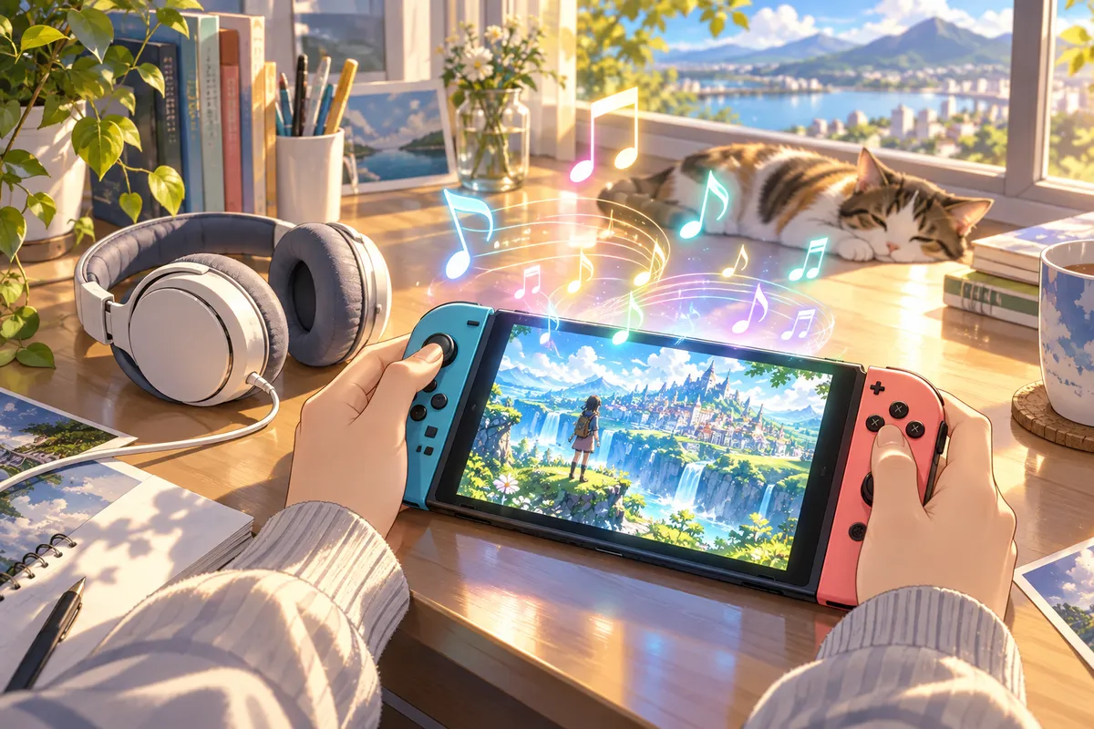 明るい机の上の携帯ゲーム機。光る画面から色とりどりの音符が飛び出している