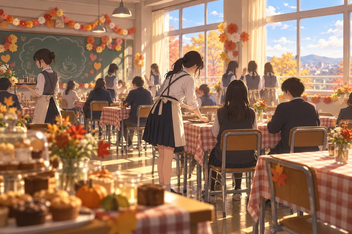 秋の文化祭で、カフェになった高校の教室。遠くに見える制服の生徒たちが、テーブルクロスをかけた机で飲み物を出している