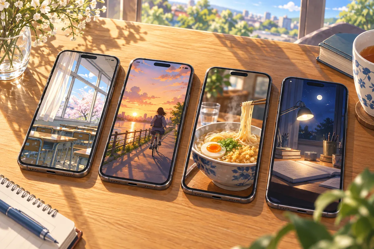 日ざしの入る木のテーブルにならんだ4台のスマホ。それぞれの画面に、教室の窓や夕方の道など、ちがう場所の一瞬が映っている