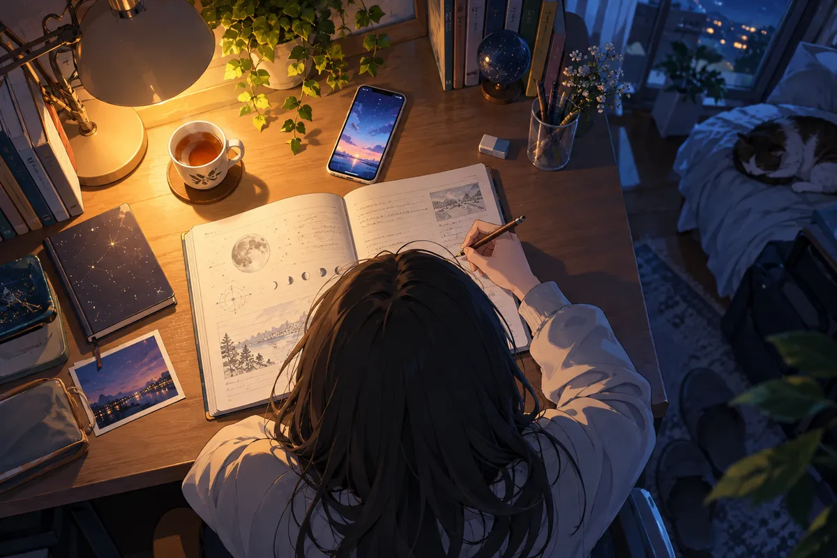 夜の勉強机を上から見たところ。開いたノートと鉛筆のそばで、スマホがカラフルな光を放っている