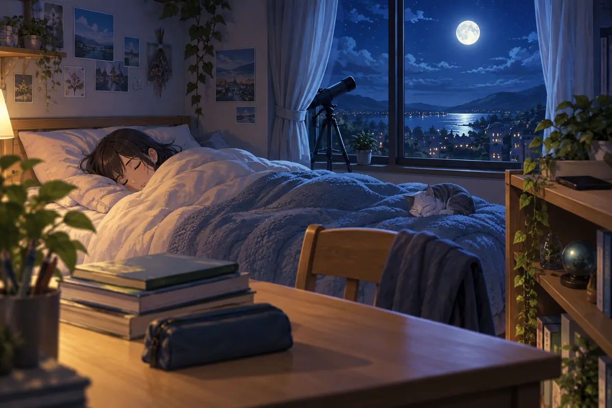 夜の部屋で、あたたかい毛布にくるまってぐっすり眠る生徒。机には閉じた教科書と筆箱、遠くの棚にはふせて置いたスマホ