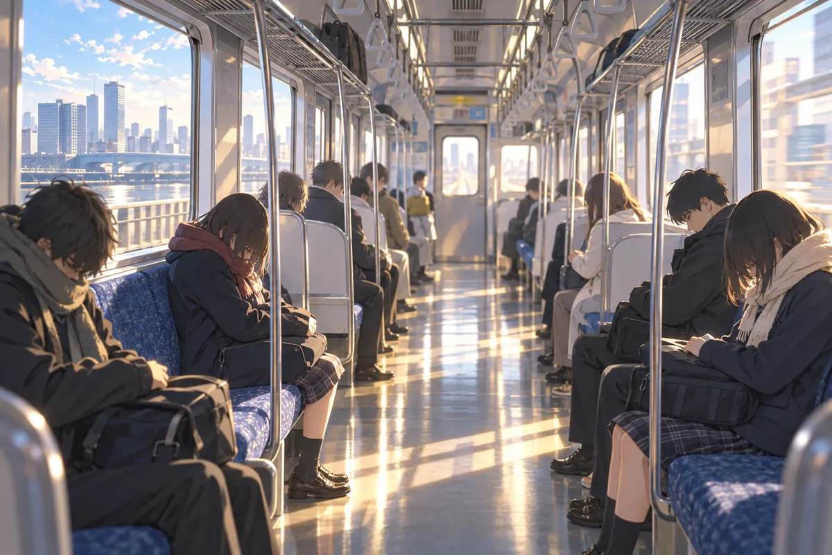 朝のやわらかい光が入る通勤電車。座席の乗客たちが、ひざにかばんをのせて、うつむいてうとうとしている