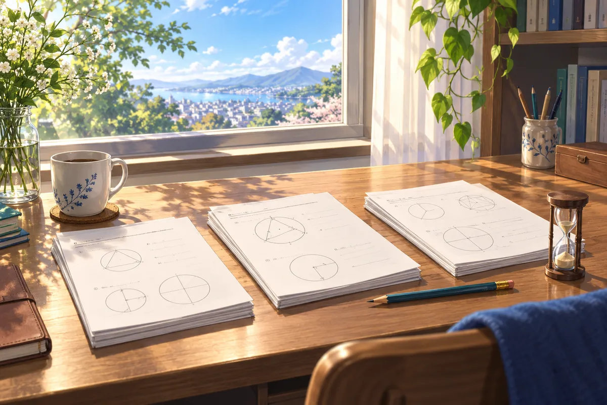 朝の光が差す木の机。円の図がかかれた数学のプリントが3つの山に分けて置かれ、えんぴつと小さな砂時計がそばにある