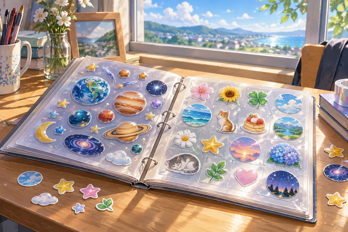 窓辺の机の上に開かれたシール帳。色とりどりのぷっくりした丸や星のシールがはられている
