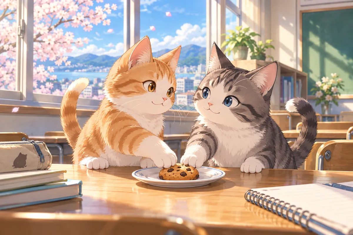 教室の机の上で並んで座る2匹のネコ。にこにこしながら、こっそり同じ最後のクッキーに手をのばしている