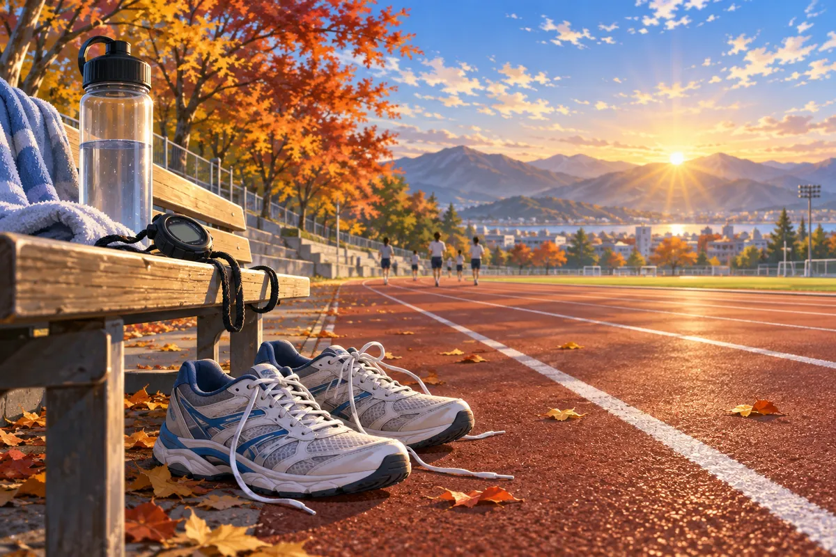 朝日の差す静かな学校のトラックに置かれたランニングシューズ。そばのベンチには水筒とストップウォッチ。秋の木々とやわらかな朝の光