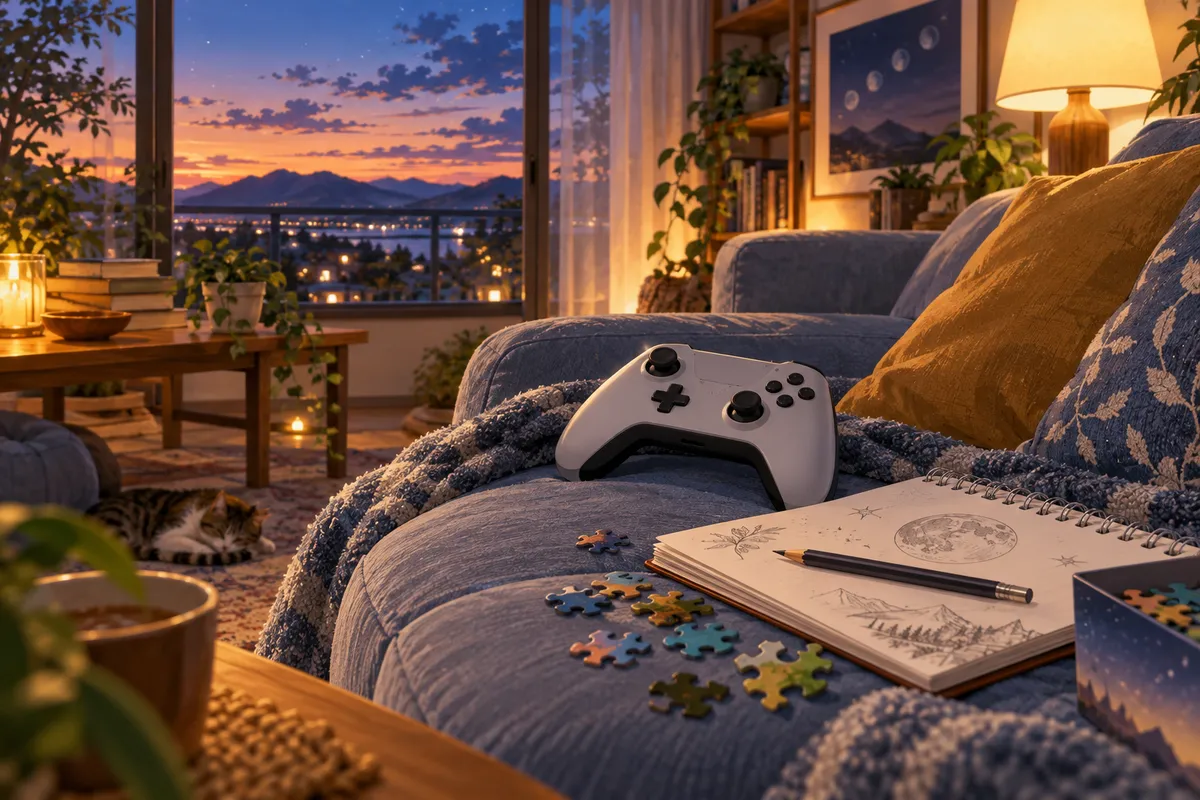 夕方のリビング。クッションの上にゲームのコントローラー、そばに開いたノートとえんぴつ、色とりどりのパズルのピース