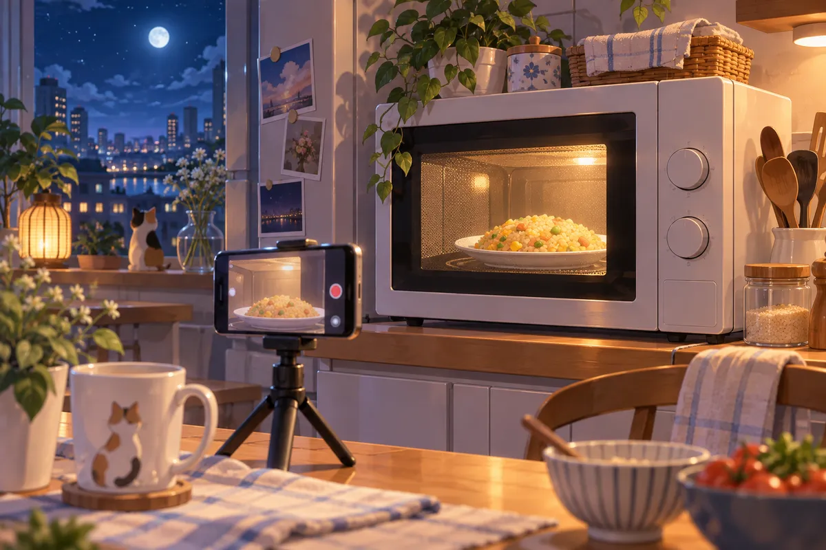 夜のキッチン。電子レンジの中でチャーハンが回り、三脚のスマートフォンがそれを撮っている