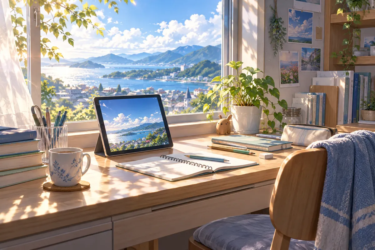 朝の光が入る勉強机。小さなスタンドに立てたタブレットとノート、えんぴつ、植木ばち