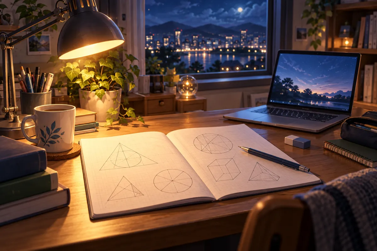 夜の勉強机。分数の問題が並んだノートと鉛筆があり、光るノートパソコンは少し横に寄せられている