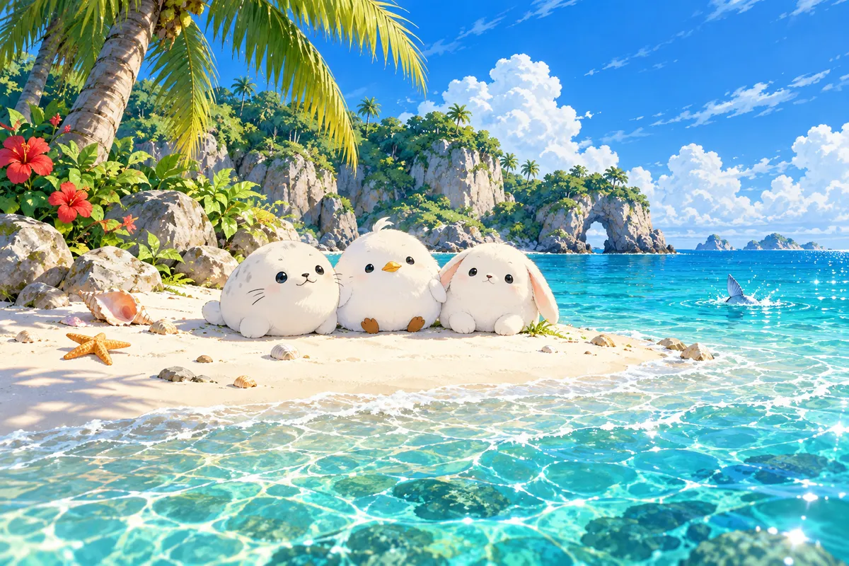 きらきらした海にうかぶ小さな島。浅い海に色とりどりの小さな魚と光る貝がらがあり、浜辺には宝箱が半分うまっている