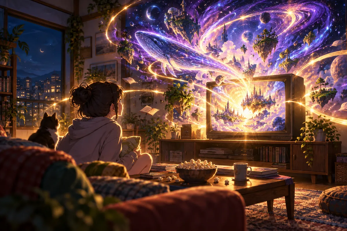 夜のリビングの古いテレビから、金色の光とむらさき色の宇宙の光があふれ出している