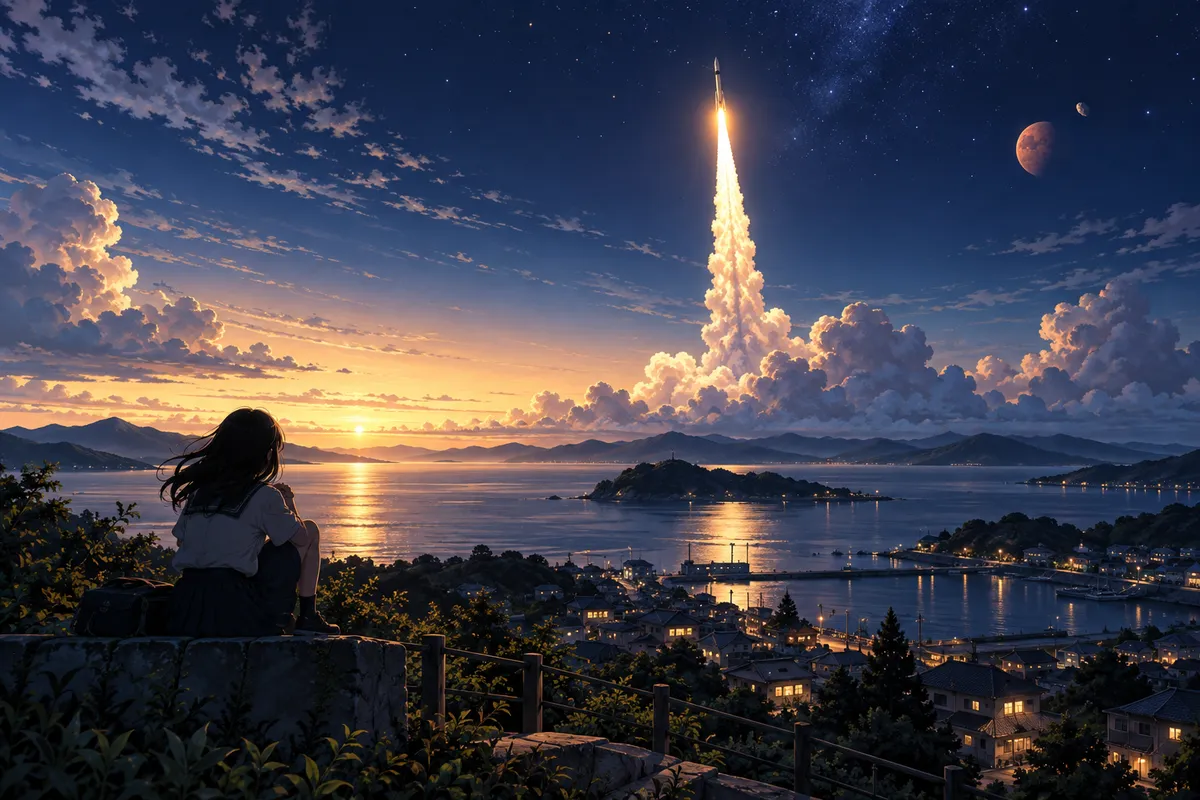 夜明け前の海辺の町の上空を、太陽の光を受けて白く光るロケットがのぼっていく