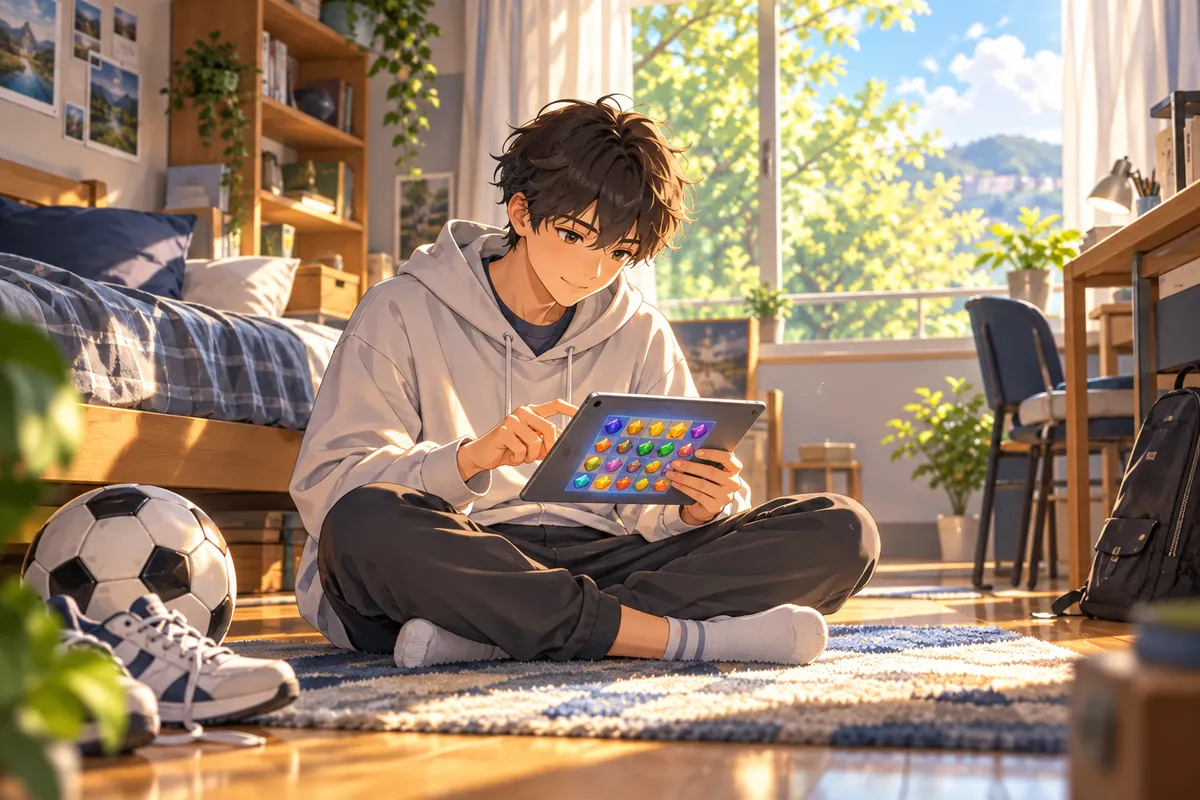 日の当たる部屋で、タブレットのパズルを解く10代。そばにはサッカーボールとスニーカー