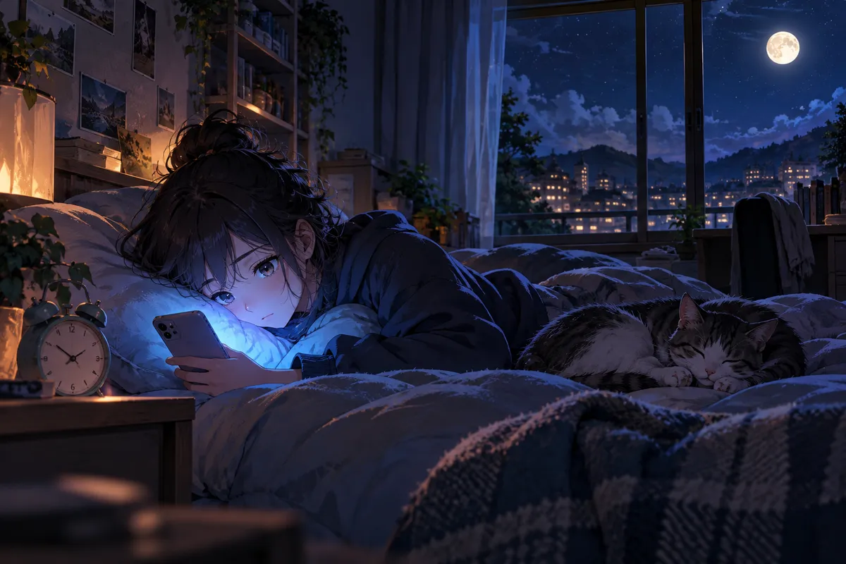 夜おそくの暗い部屋。まくらの上でスマホが青く光り、ベッドでは猫が眠そうにしている