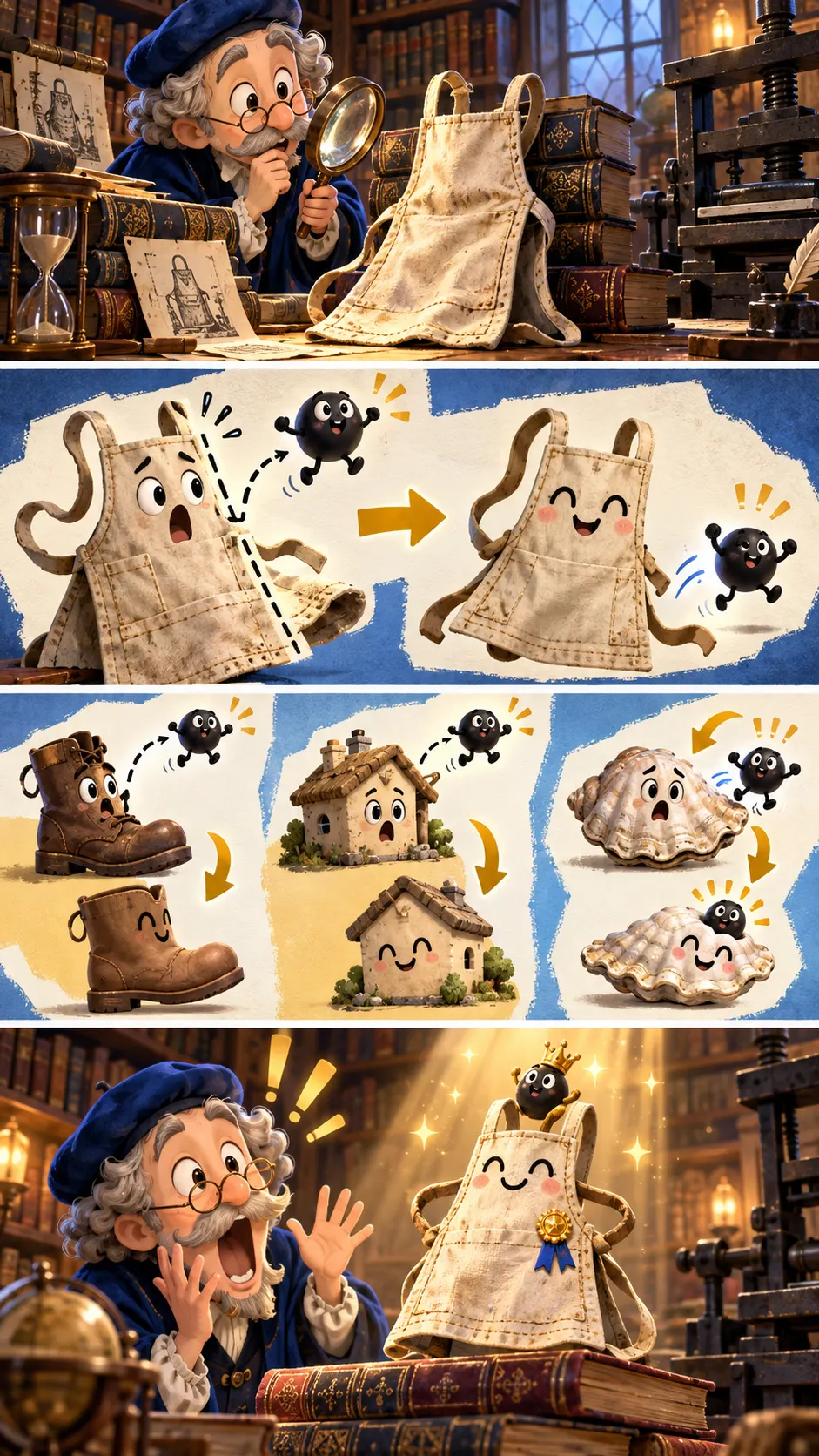 エプロンは昔「ナプロン」。a napron を an apron と区切りなおして n が消えたの4コマ漫画