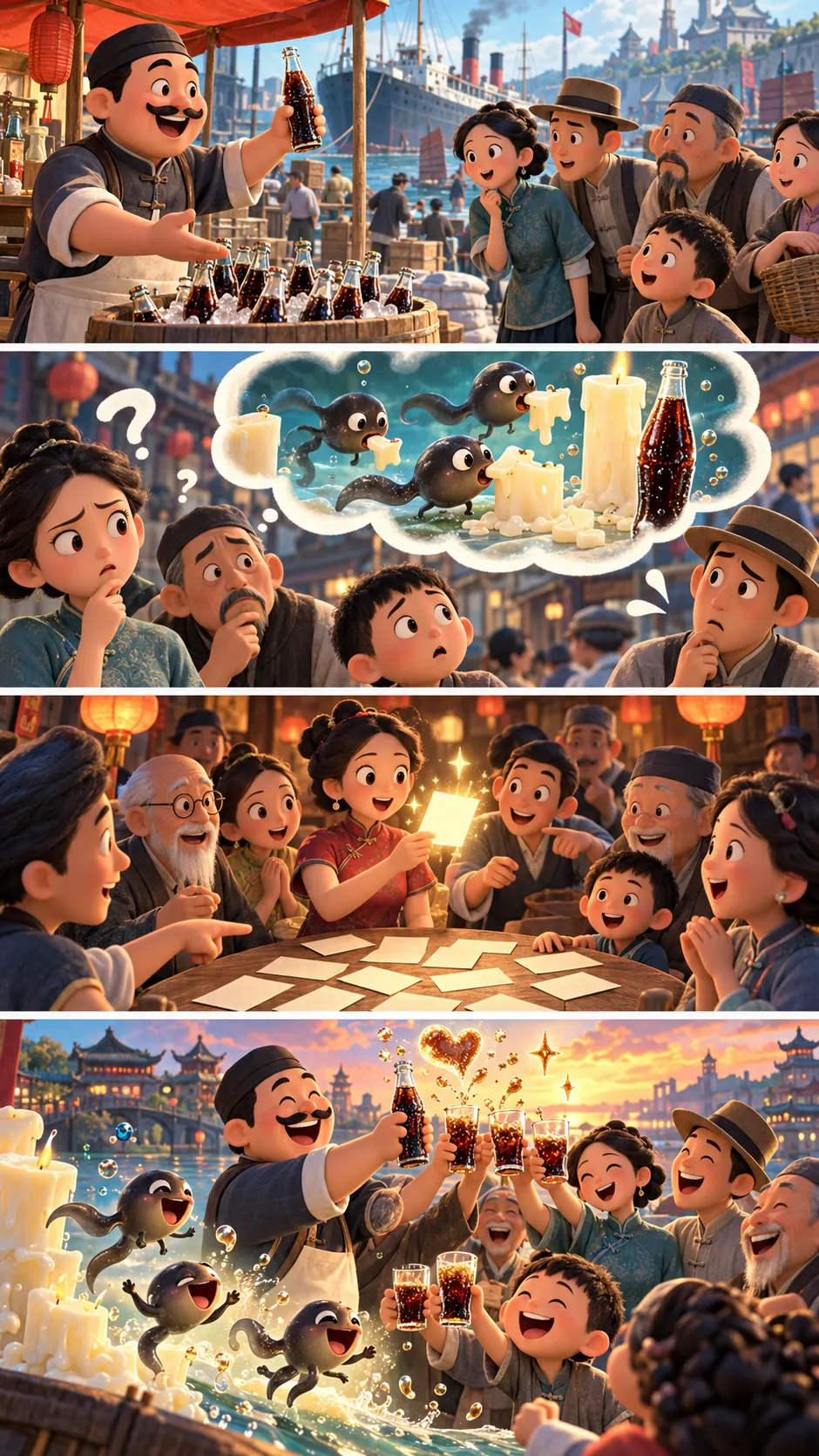 コカ・コーラの中国語名、最初は“オタマジャクシ・かじる・ろう”の字。今の名は公募で決まったの4コマ漫画