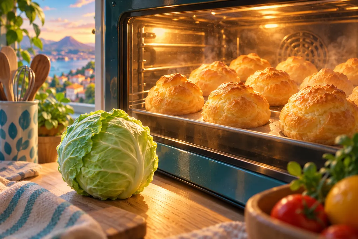 シュー生地は焼くと丸くふくらみ、キャベツのような形になる。英語の cream puff の puff は「ふくらむ」