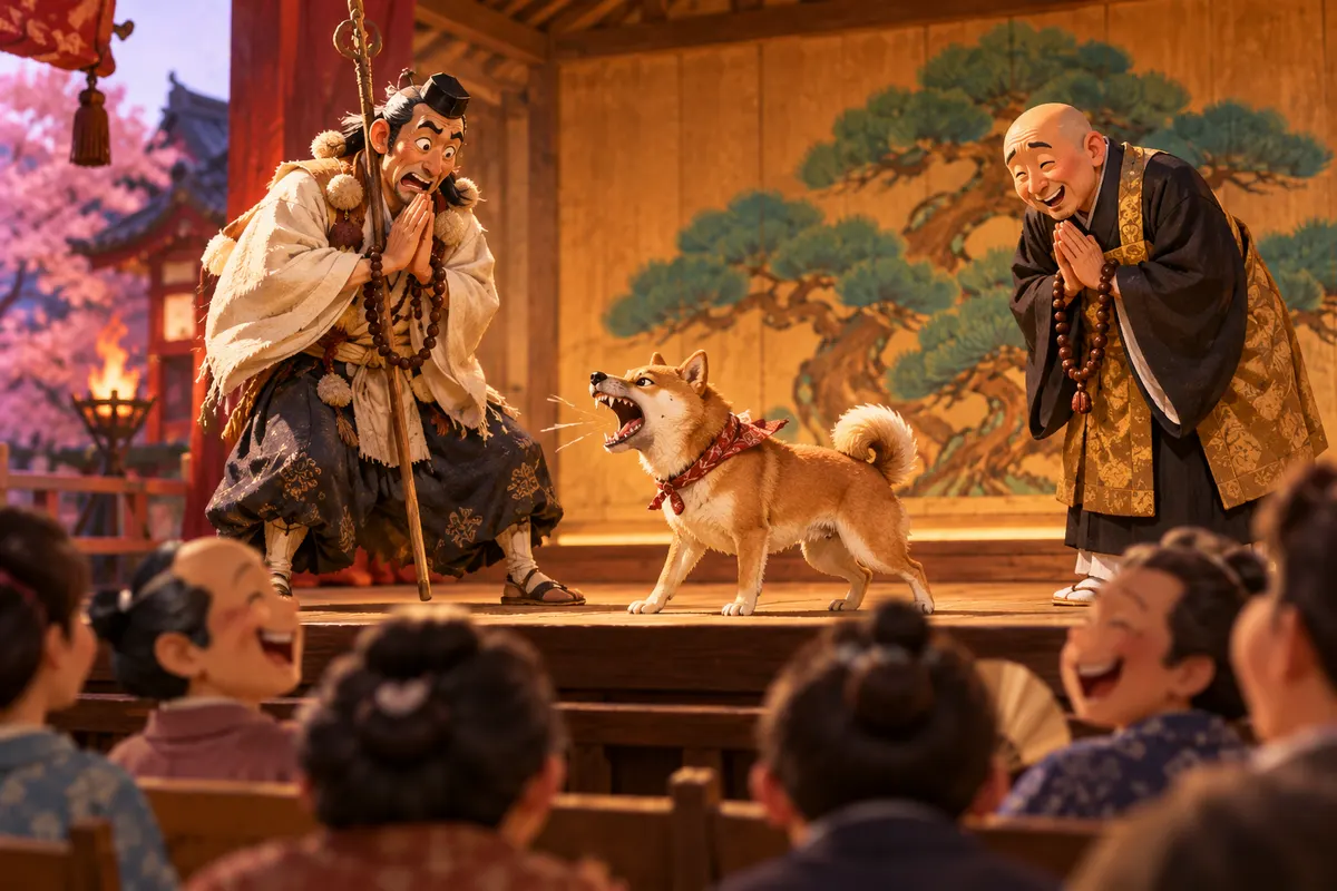 『日本国語大辞典』に載る「わんわん」の最も古い例は、室町時代の終わりから江戸時代の初めごろの狂言『犬山伏』(虎明本)。僧と山伏が犬に向かって祈り比べをする話