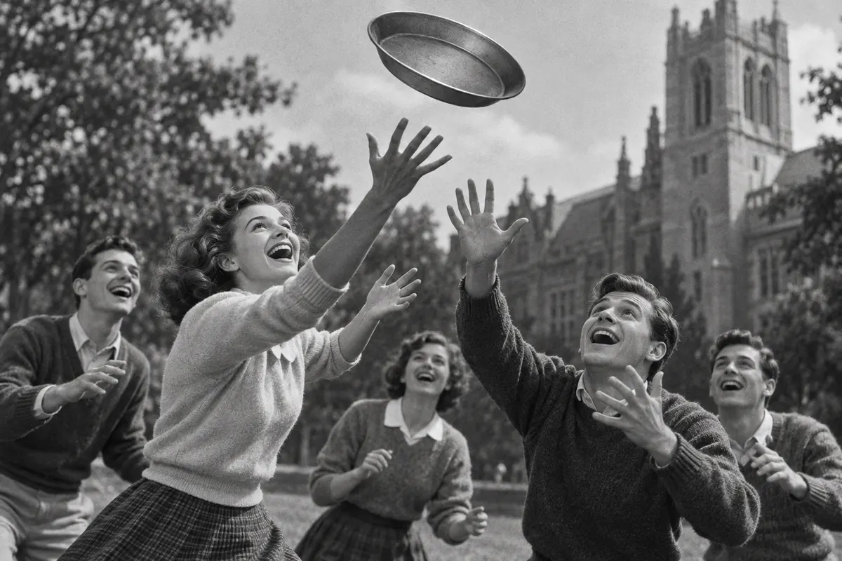 1950年、オハイオ州の大学でも、学生たちがパイの皿や円盤を投げて遊んでいた（『TIME』2015年の記事に載った当時の写真の説明による）