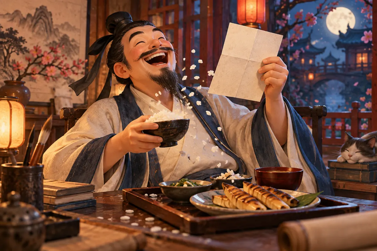『字通』が引く宋の蘇軾の文章では、手紙の詩を読んだ文与可が「失笑して噴飯案に満つ」（笑ってご飯を机いっぱいに吹き出した）