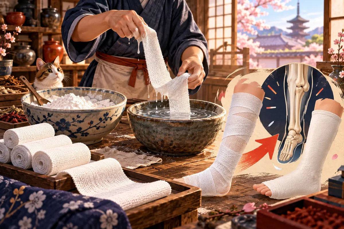 「ギプス」は、もともと材料の「石膏」の名前。石膏の粉を布にまぶして巻くと、固まって骨を支える