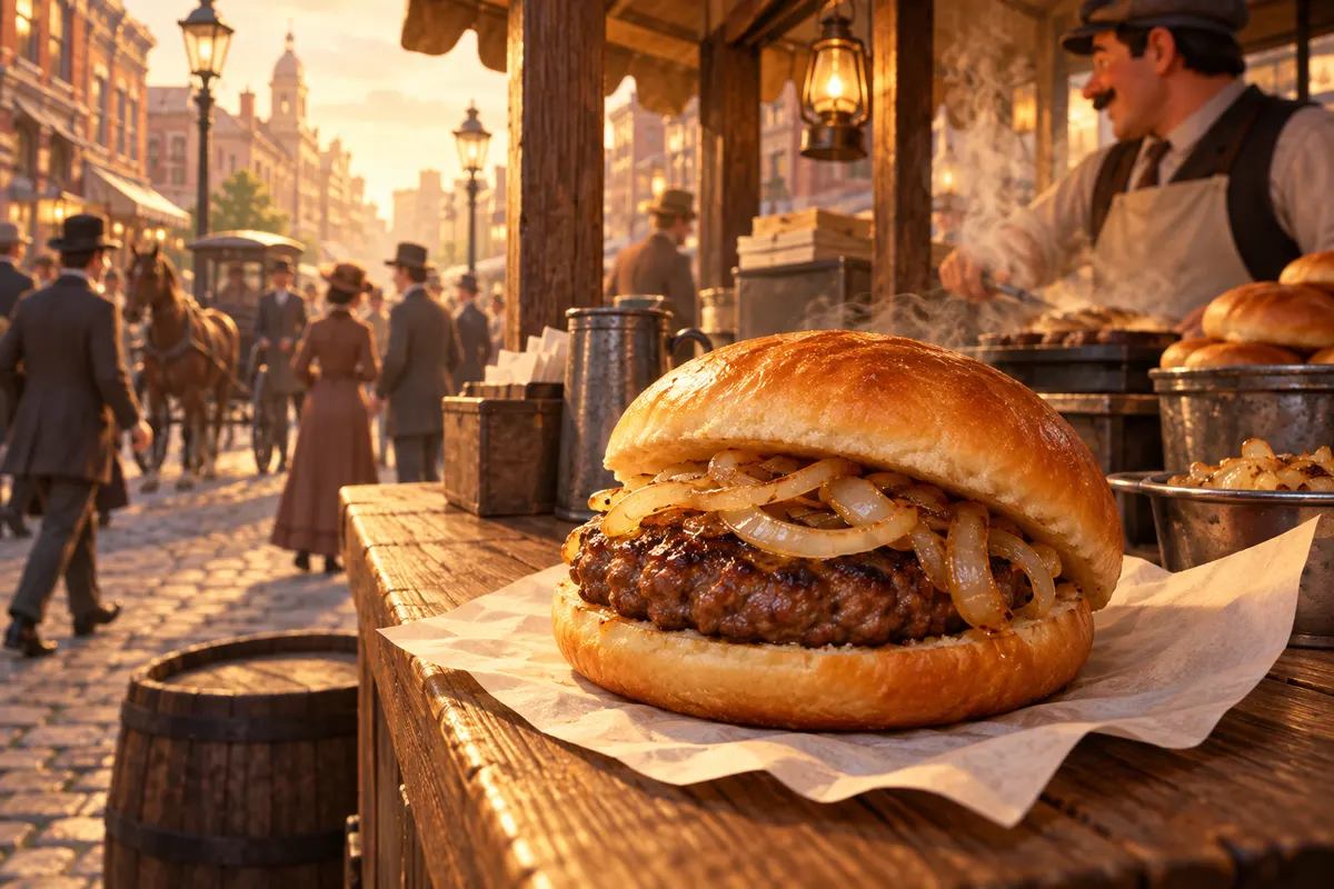 皿の上のステーキがパンにはさまれ、1900年代はじめに今のハンバーガーの形になった(AHD)