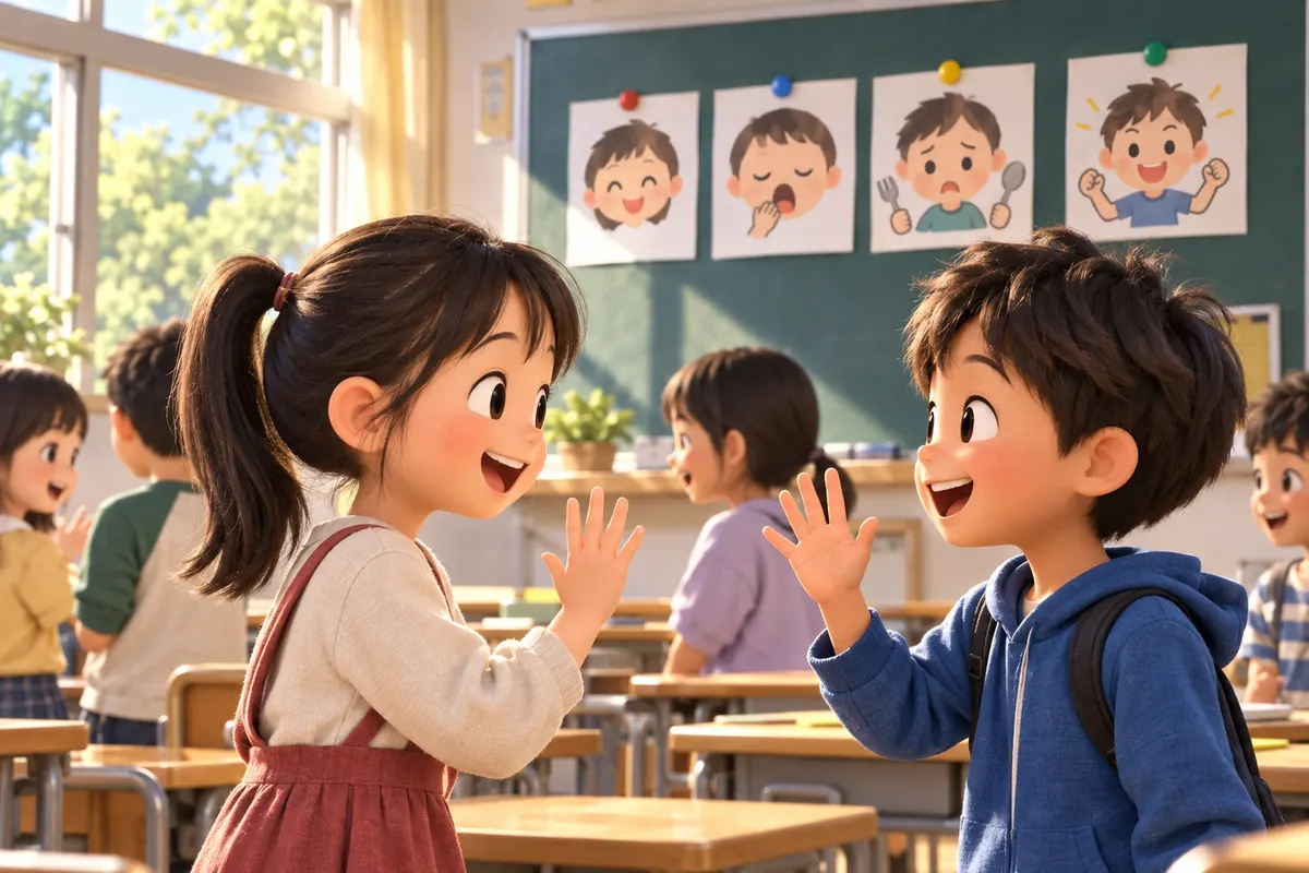 小学校の教材では、How are you? への返事として I'm hungry. や I'm sleepy. を練習する活動があった（村端・村端 2017）