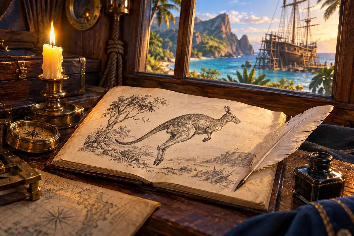 1770年7月、植物学者バンクスの日誌の見出し「Kill Kanguru」が、英語の kangaroo の最初の記録になった(Ozwords, 2007)