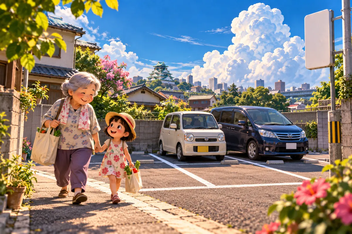 関西では駐車場を「モータープール」と呼ぶことがある。百科事典は「関西の共通語」の例に挙げる（イメージ）
