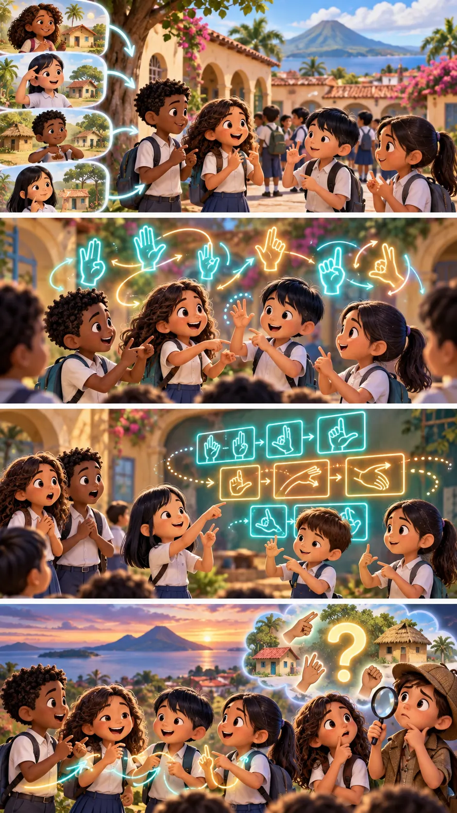 新しい言語が、子どもたちの間で生まれた。ニカラグアのろう学校で、世代ごとに文法が育った手話の4コマ漫画