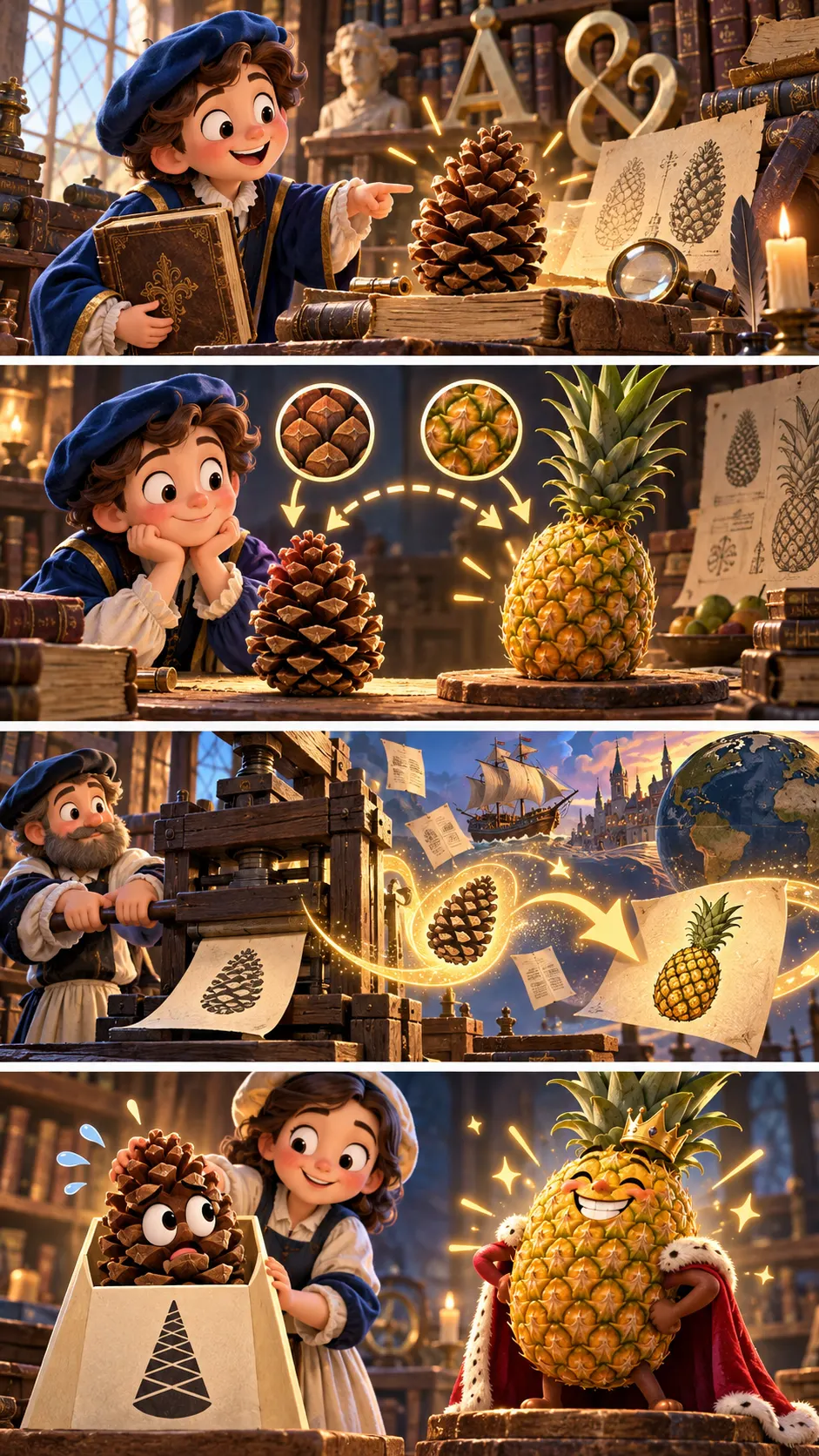 pineapple は元は「松ぼっくり」の名前だった。果物の意味になったのは1600年代の4コマ漫画
