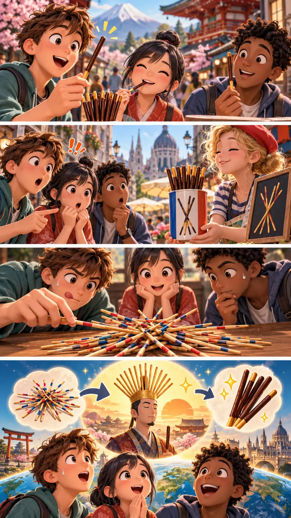 ポッキーはヨーロッパでは「MIKADO」。棒抜きゲームの名前で、もとは日本語の「みかど」の4コマ漫画